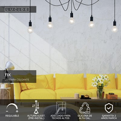 Lucide FIX - Lámpara colgante - 5xE27 - Adecuado para dobles alturas y techos altos - Negro